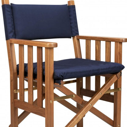 20" Navy Blue and Natural Wood Solid Wood Indoor Outdoor Director Chair with Navy Blue Cushion HomeRoots