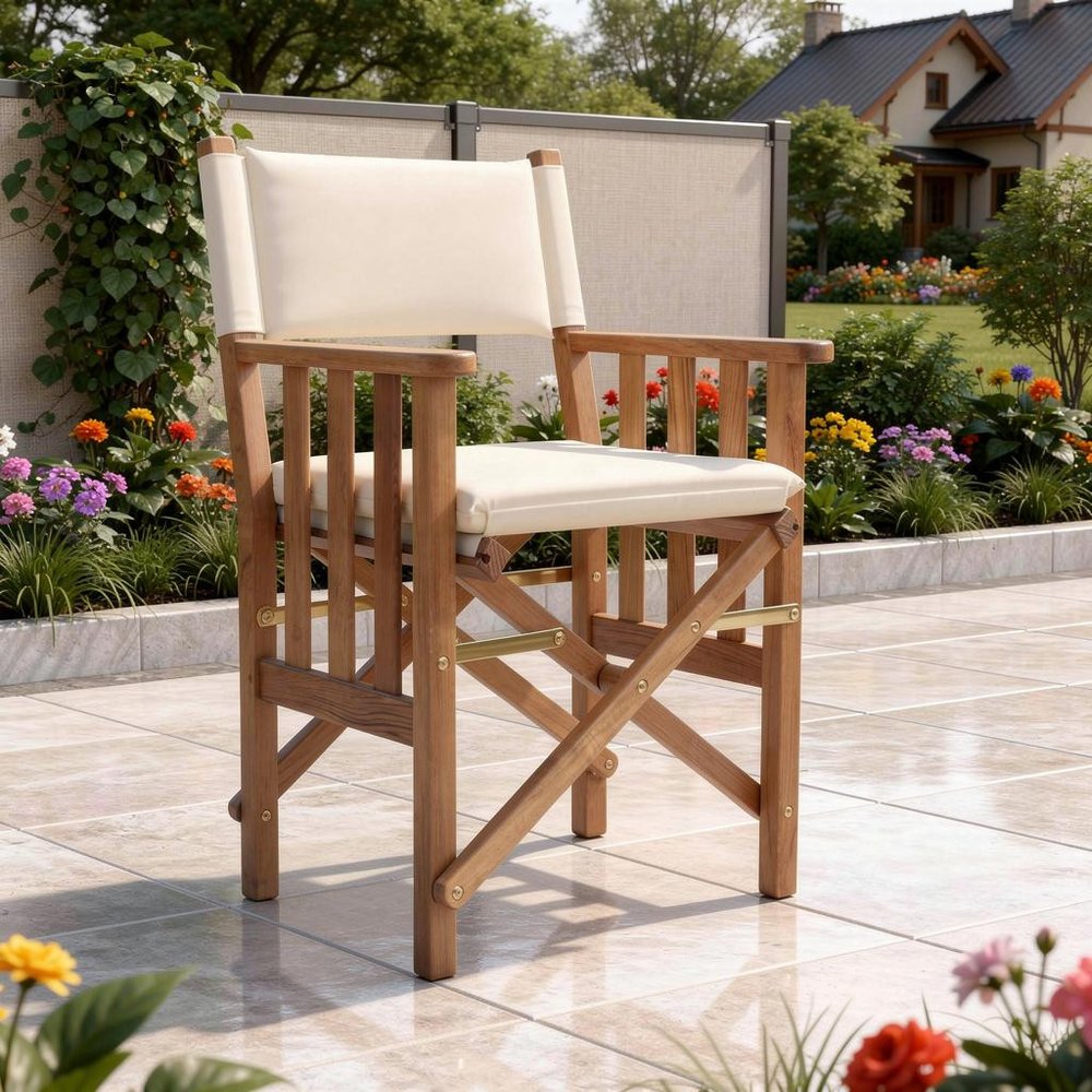 20" Ivory and Natural Wood Solid Wood Indoor Outdoor Director Chair with Ivory Cushion HomeRoots