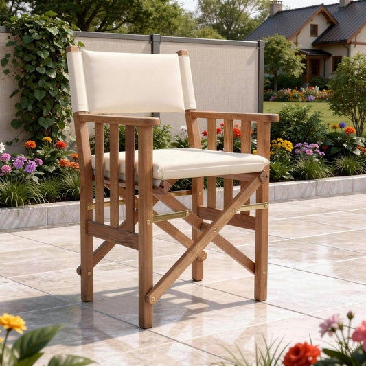 20" Ivory and Natural Wood Solid Wood Indoor Outdoor Director Chair with Ivory Cushion HomeRoots