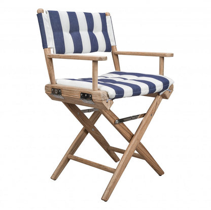 23" Blue and White and Natural Wood Solid Wood Indoor Outdoor Director Chair with Blue and White Cushion HomeRoots
