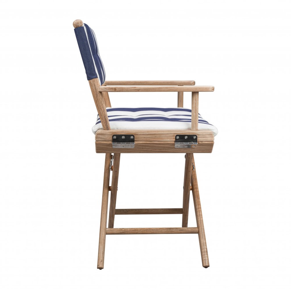23" Blue and White and Natural Wood Solid Wood Indoor Outdoor Director Chair with Blue and White Cushion HomeRoots