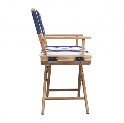 23" Blue and White and Natural Wood Solid Wood Indoor Outdoor Director Chair with Blue and White Cushion HomeRoots