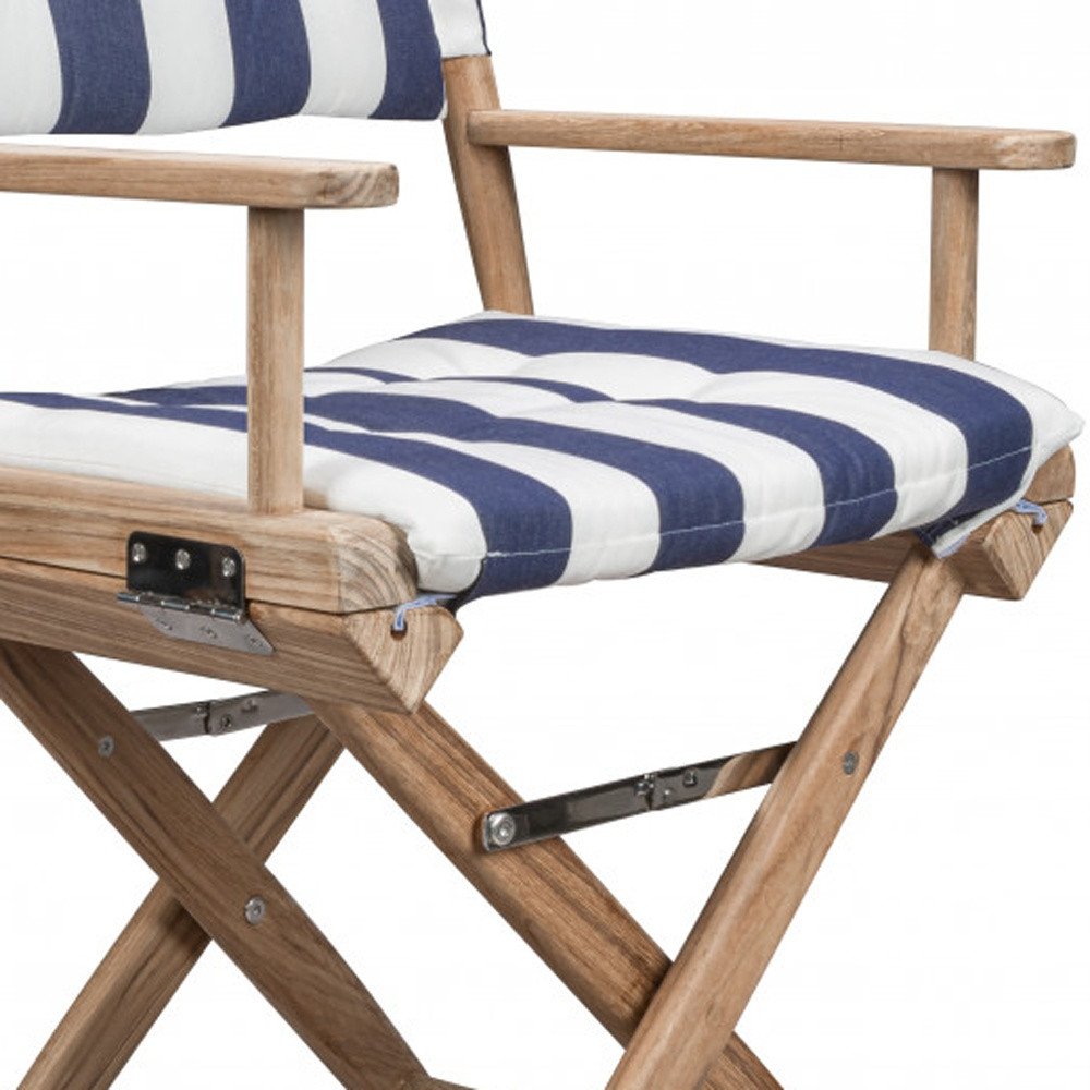 23" Blue and White and Natural Wood Solid Wood Indoor Outdoor Director Chair with Blue and White Cushion HomeRoots