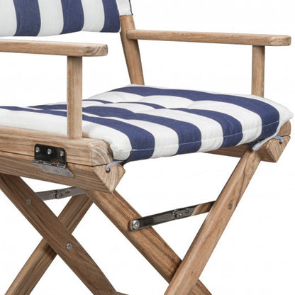 23" Blue and White and Natural Wood Solid Wood Indoor Outdoor Director Chair with Blue and White Cushion HomeRoots