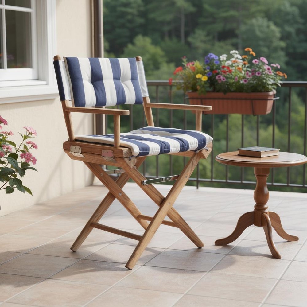 23" Blue and White and Natural Wood Solid Wood Indoor Outdoor Director Chair with Blue and White Cushion HomeRoots