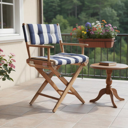 23" Blue and White and Natural Wood Solid Wood Indoor Outdoor Director Chair with Blue and White Cushion HomeRoots