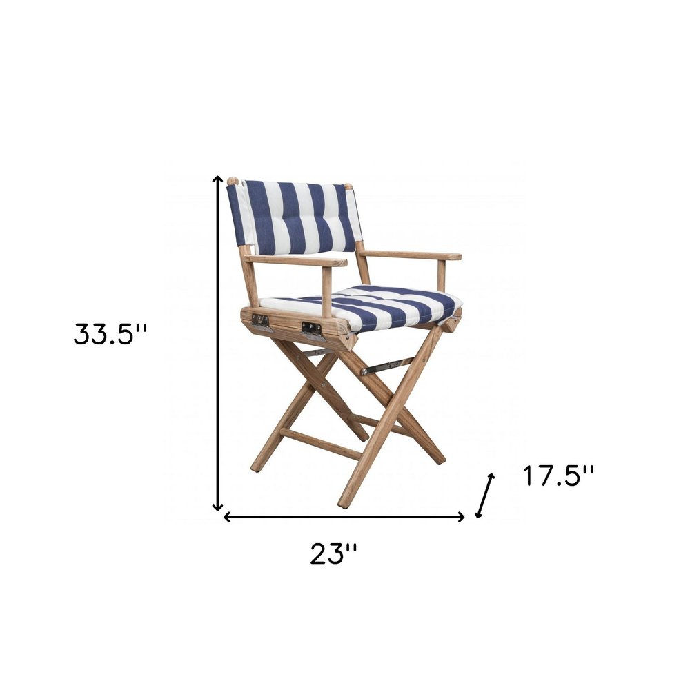 23" Blue and White and Natural Wood Solid Wood Indoor Outdoor Director Chair with Blue and White Cushion HomeRoots