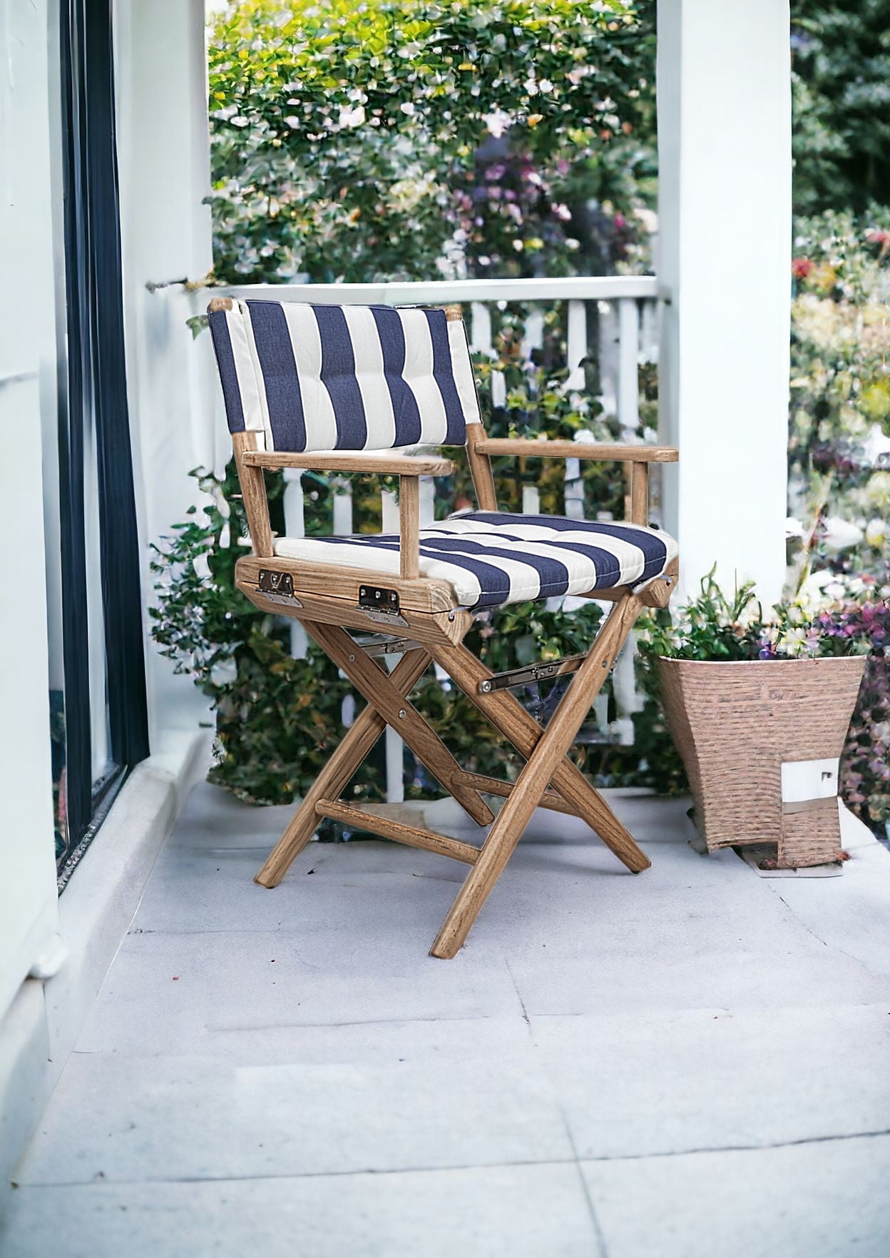 23" Blue and White and Natural Wood Solid Wood Indoor Outdoor Director Chair with Blue and White Cushion