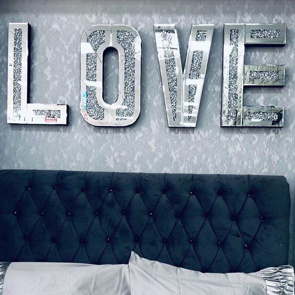 Silver Mirrored Mosaic Crystal Bling LOVE Wall Decor — view 1