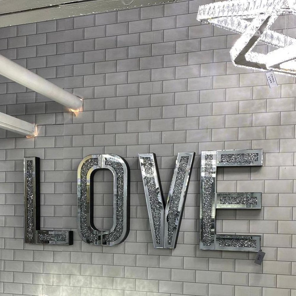 Silver Mirrored Mosaic Crystal Bling LOVE Wall Decor — view 3