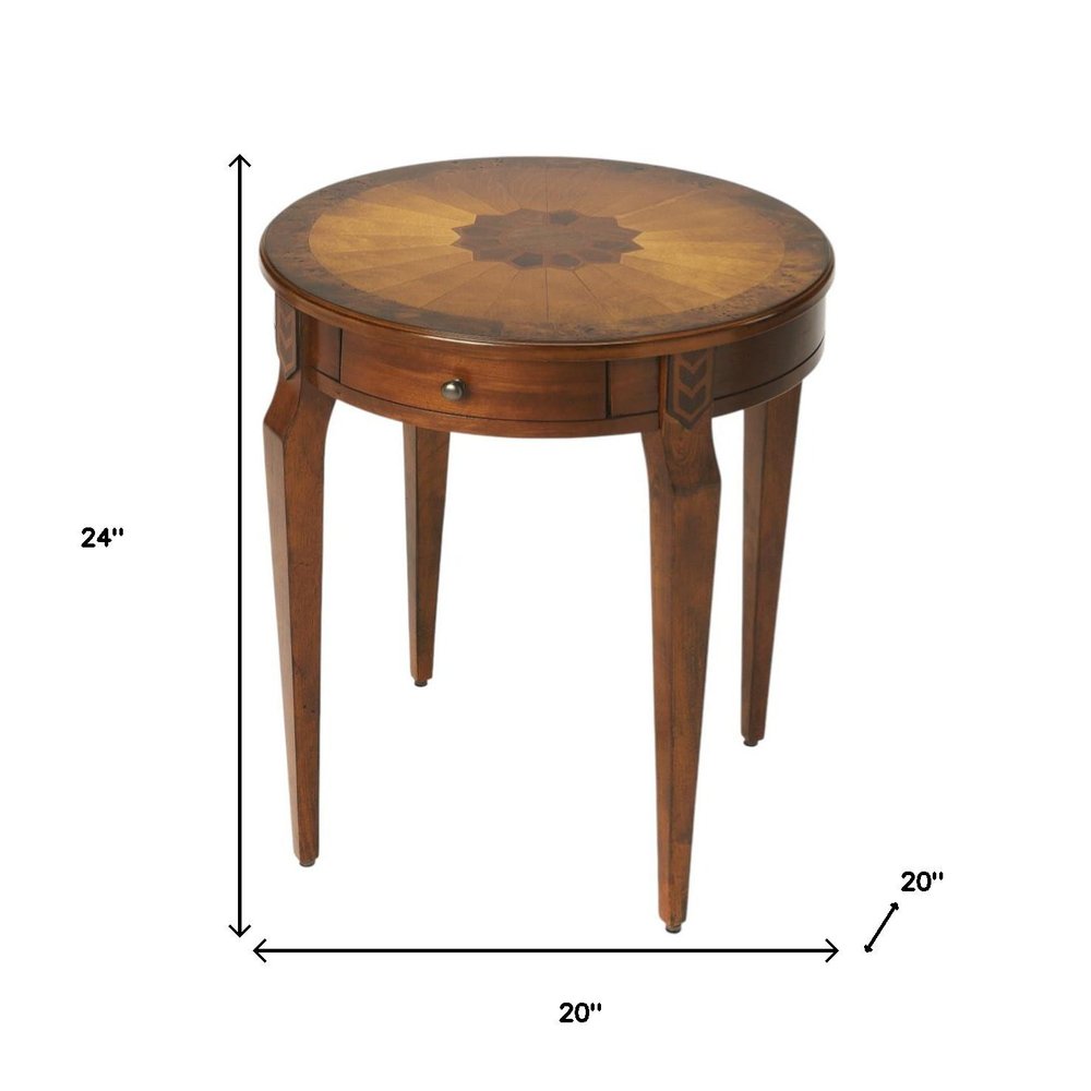 24" Medium Brown And Olive Ash Manufactured Wood Round End Table With Drawer HomeRoots