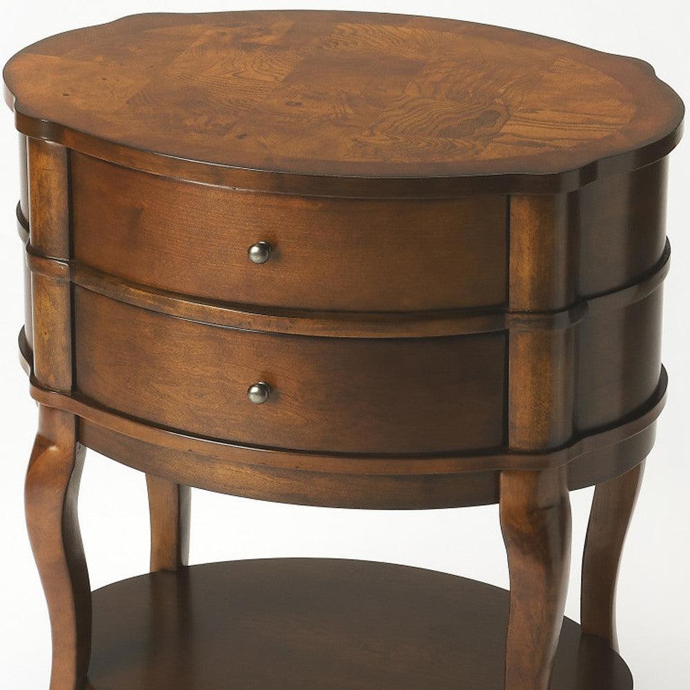 26" Medium Brown And Umber Solid And Manufactured Wood Oval End Table With Two Drawers And Shelf - FurniFindUSA