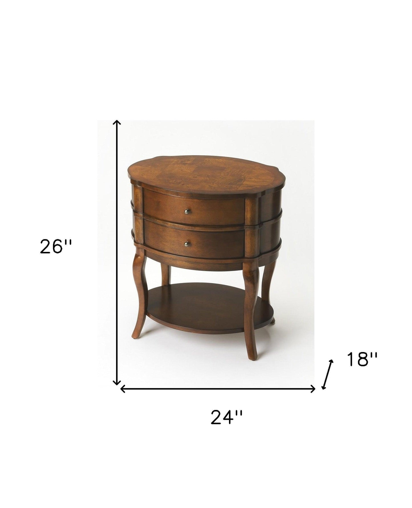 26" Medium Brown And Umber Solid And Manufactured Wood Oval End Table With Two Drawers And Shelf - FurniFindUSA