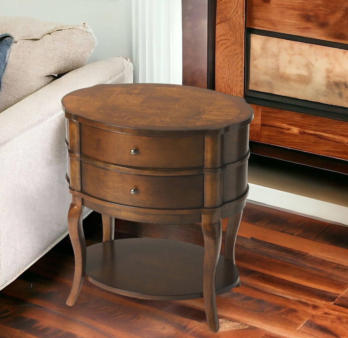 26" Medium Brown And Umber Solid And Manufactured Wood Oval End Table With Two Drawers And Shelf - FurniFindUSA