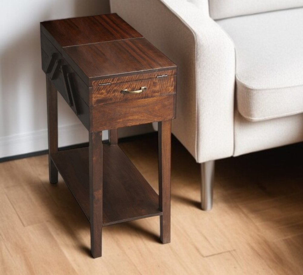 28" Dark Brown Solid Wood Rectangular End Table With Drawer And Shelf HomeRoots