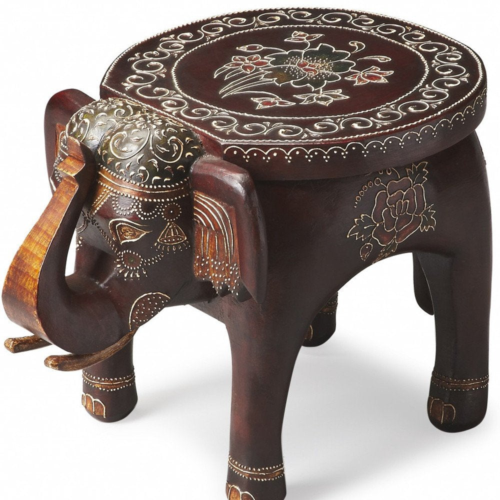 15" Brown Hand Painted Floral Three Dimensional Elephant End Table HomeRoots