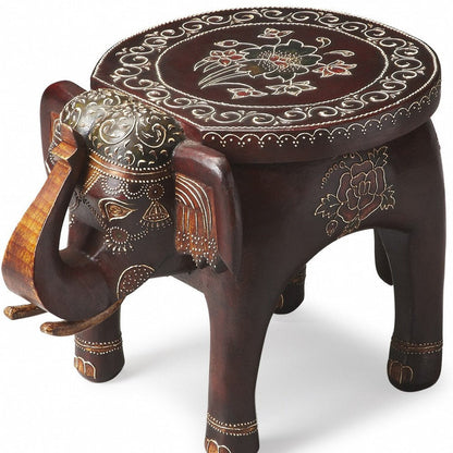 15" Brown Hand Painted Floral Three Dimensional Elephant End Table HomeRoots