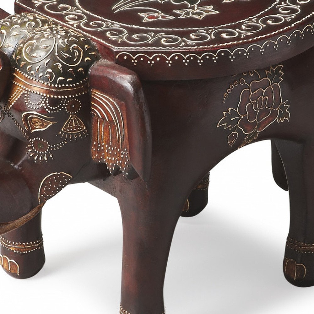 15" Brown Hand Painted Floral Three Dimensional Elephant End Table HomeRoots