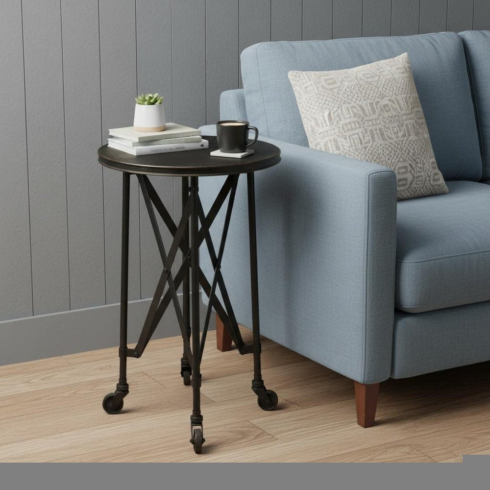 23" Black Industrial Rolling Round End Table HomeRoots