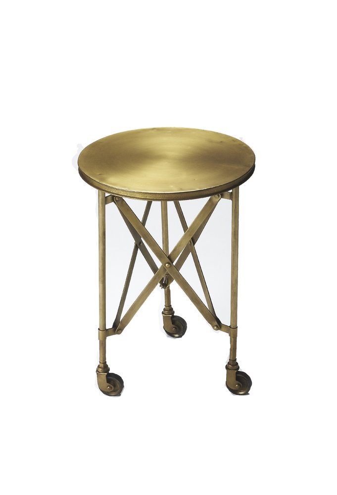 24" Antiqued Gold Iron Round Rolling End Table HomeRoots