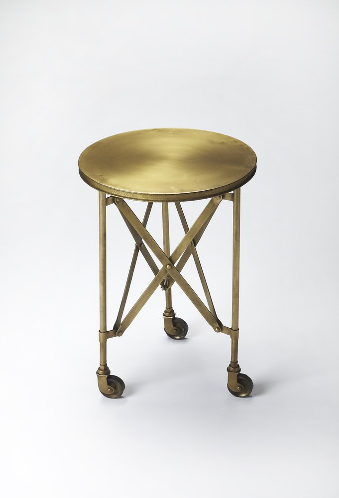 24" Antiqued Gold Iron Round Rolling End Table HomeRoots