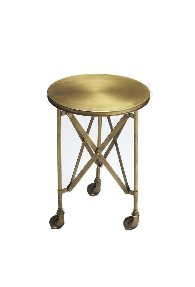 24" Antiqued Gold Iron Round Rolling End Table HomeRoots