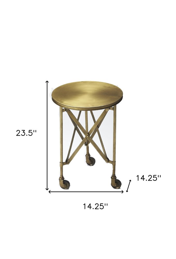 24" Antiqued Gold Iron Round Rolling End Table HomeRoots