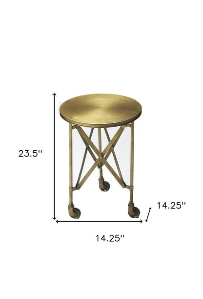 24" Antiqued Gold Iron Round Rolling End Table HomeRoots