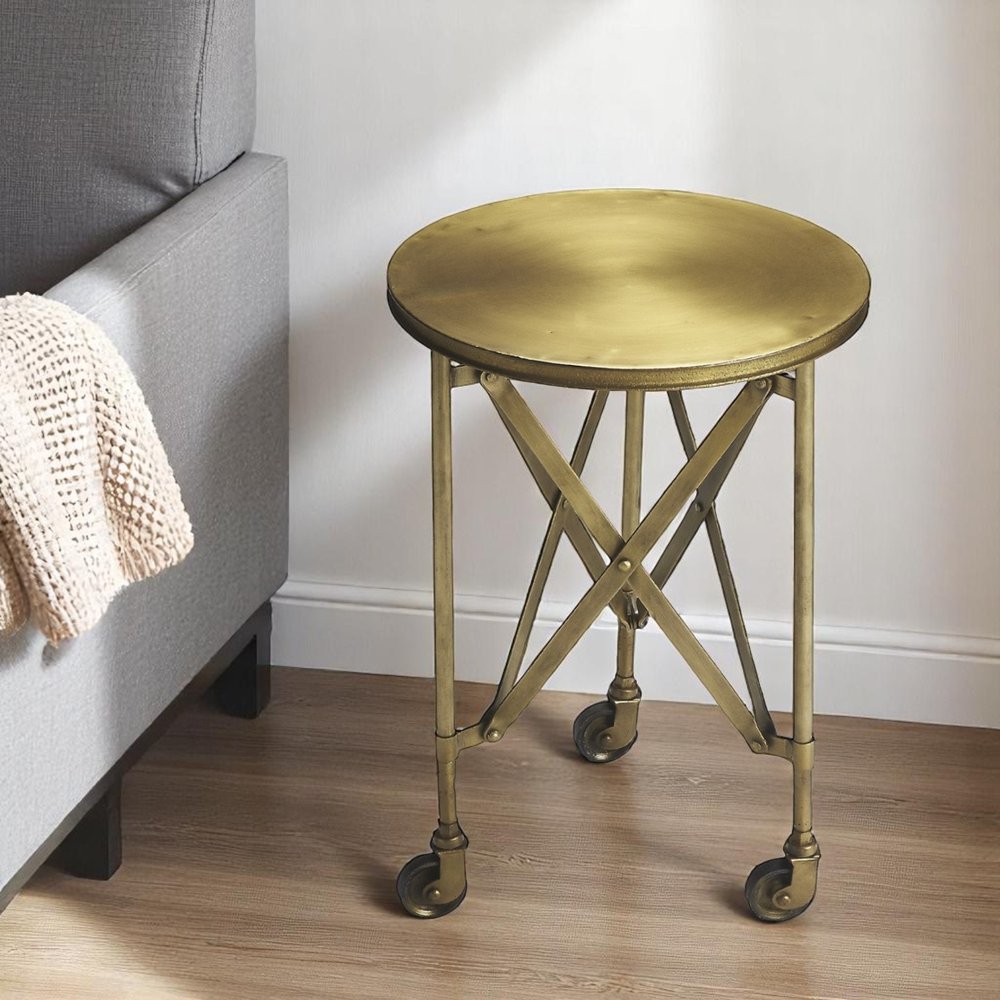 24" Antiqued Gold Iron Round Rolling End Table HomeRoots