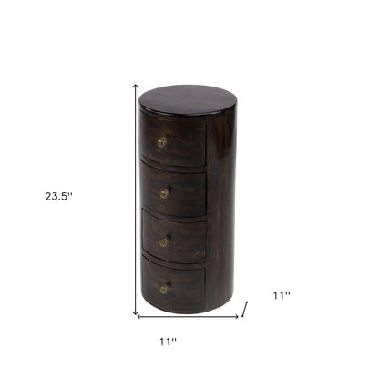 24" Dark Brown Round Column Shaped Pedestal End Table With Four Drawers