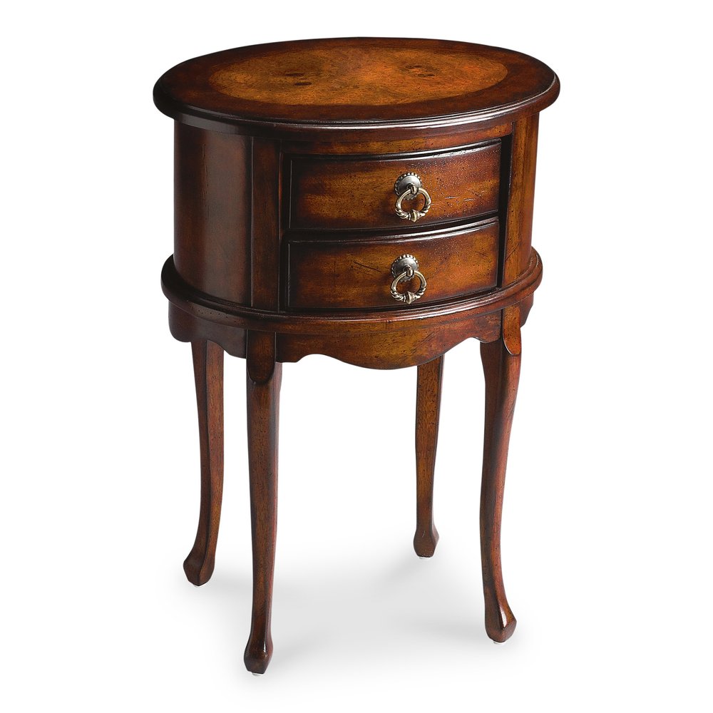 26" Dark Brown And Cherry Manufactured Wood Oval End Table With Two Drawers HomeRoots
