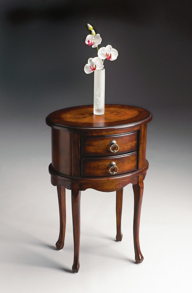 26" Dark Brown And Cherry Manufactured Wood Oval End Table With Two Drawers HomeRoots