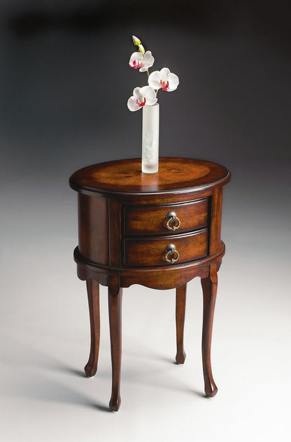 26" Dark Brown And Cherry Manufactured Wood Oval End Table With Two Drawers HomeRoots