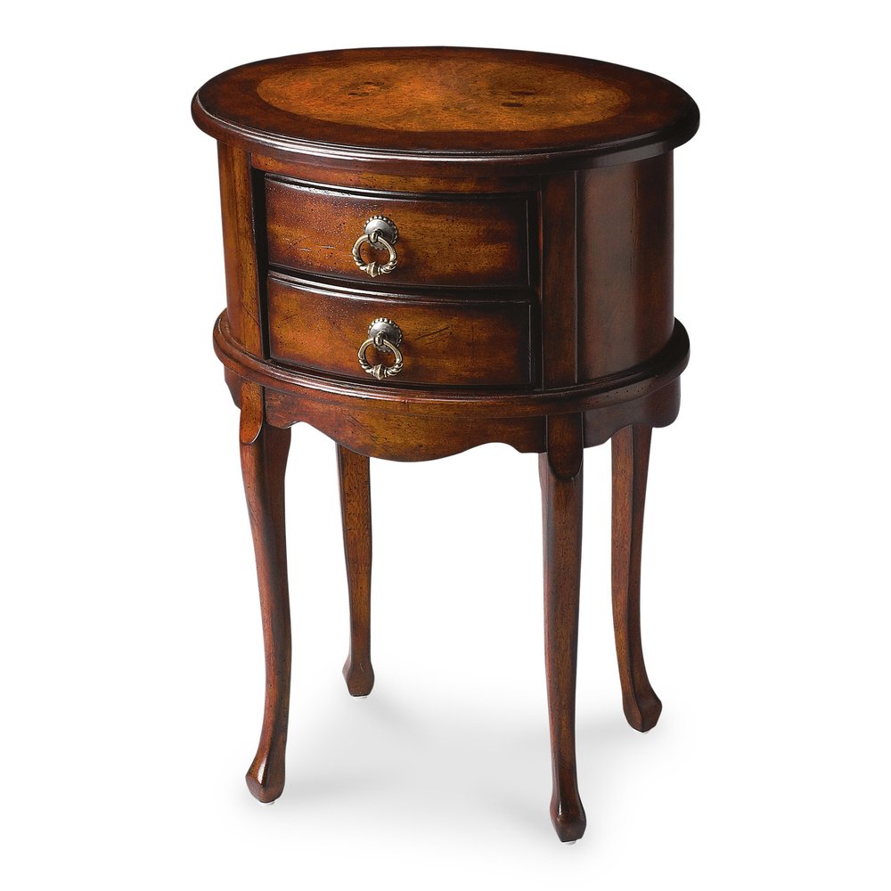 26" Dark Brown And Cherry Manufactured Wood Oval End Table With Two Drawers HomeRoots