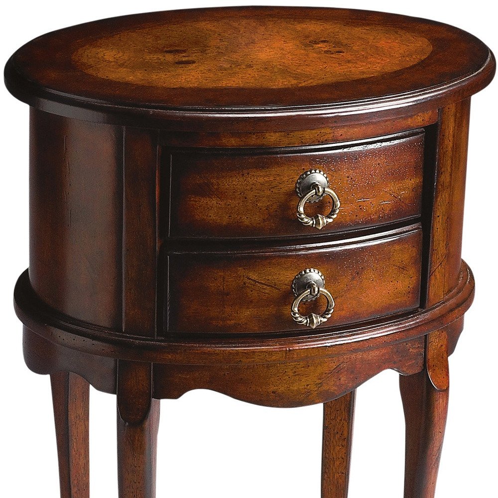 26" Dark Brown And Cherry Manufactured Wood Oval End Table With Two Drawers HomeRoots