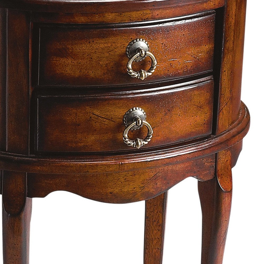 26" Dark Brown And Cherry Manufactured Wood Oval End Table With Two Drawers HomeRoots