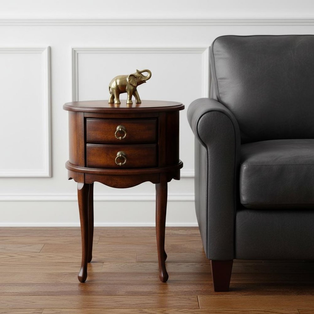 26" Dark Brown And Cherry Manufactured Wood Oval End Table With Two Drawers HomeRoots