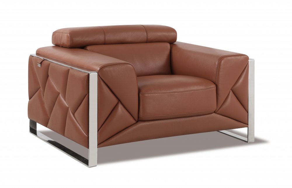 48" Camel And Silver Italian Leather Arm Chair HomeRoots