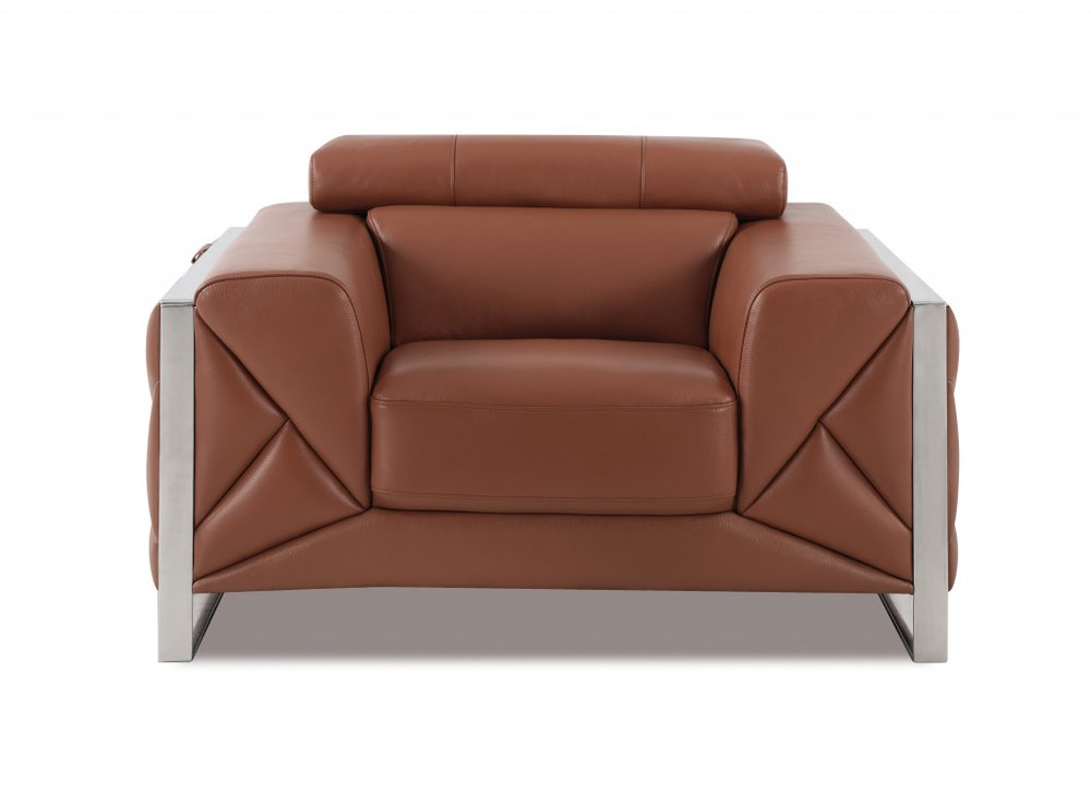 48" Camel And Silver Italian Leather Arm Chair HomeRoots