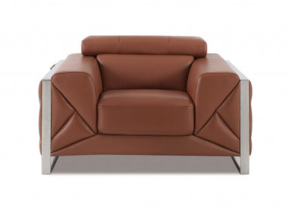 48" Camel And Silver Italian Leather Arm Chair HomeRoots