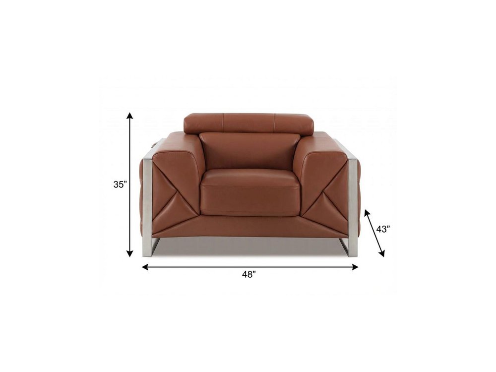 48" Camel And Silver Italian Leather Arm Chair HomeRoots