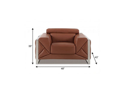 48" Camel And Silver Italian Leather Arm Chair HomeRoots