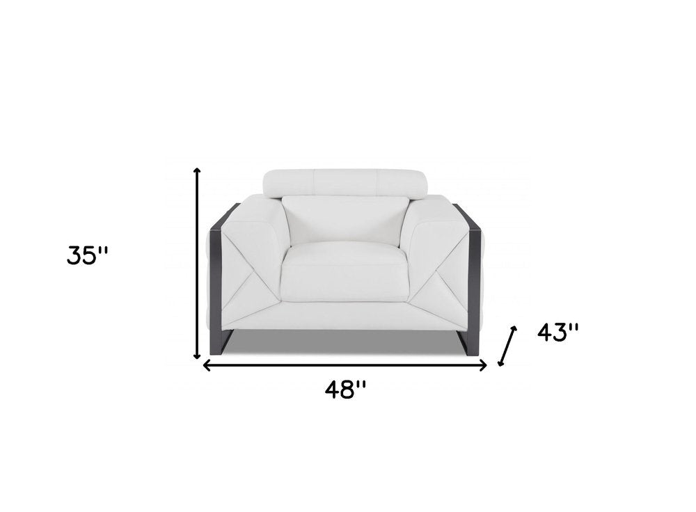 48" White And Gunmetal Italian Leather Arm Chair HomeRoots