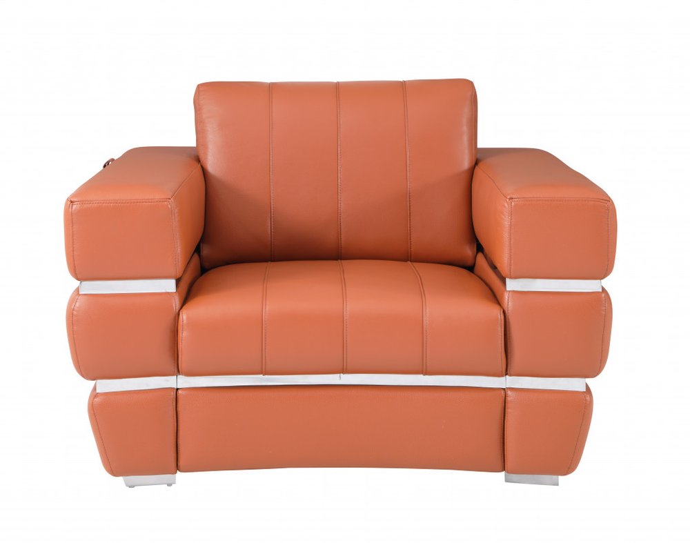 48" Camel And Silver Italian Leather Arm Chair HomeRoots
