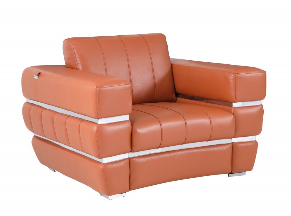 48" Camel And Silver Italian Leather Arm Chair HomeRoots