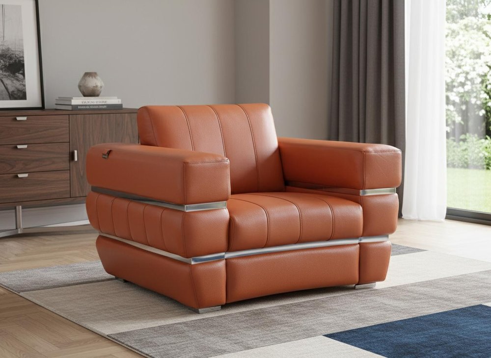 48" Camel And Silver Italian Leather Arm Chair HomeRoots