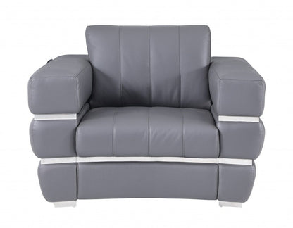 48" Dark Slate Gray And White Italian Leather Arm Chair HomeRoots
