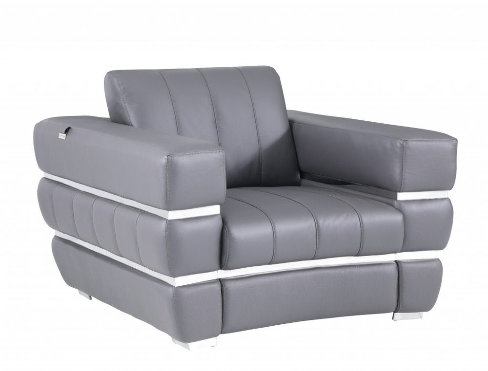 48" Dark Slate Gray And White Italian Leather Arm Chair HomeRoots
