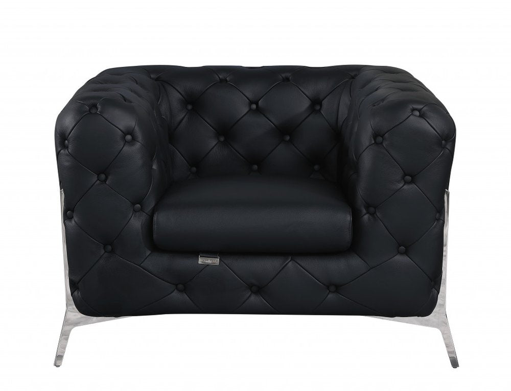 45" Black And Silver Italian Leather Tufted Chesterfield Chair HomeRoots