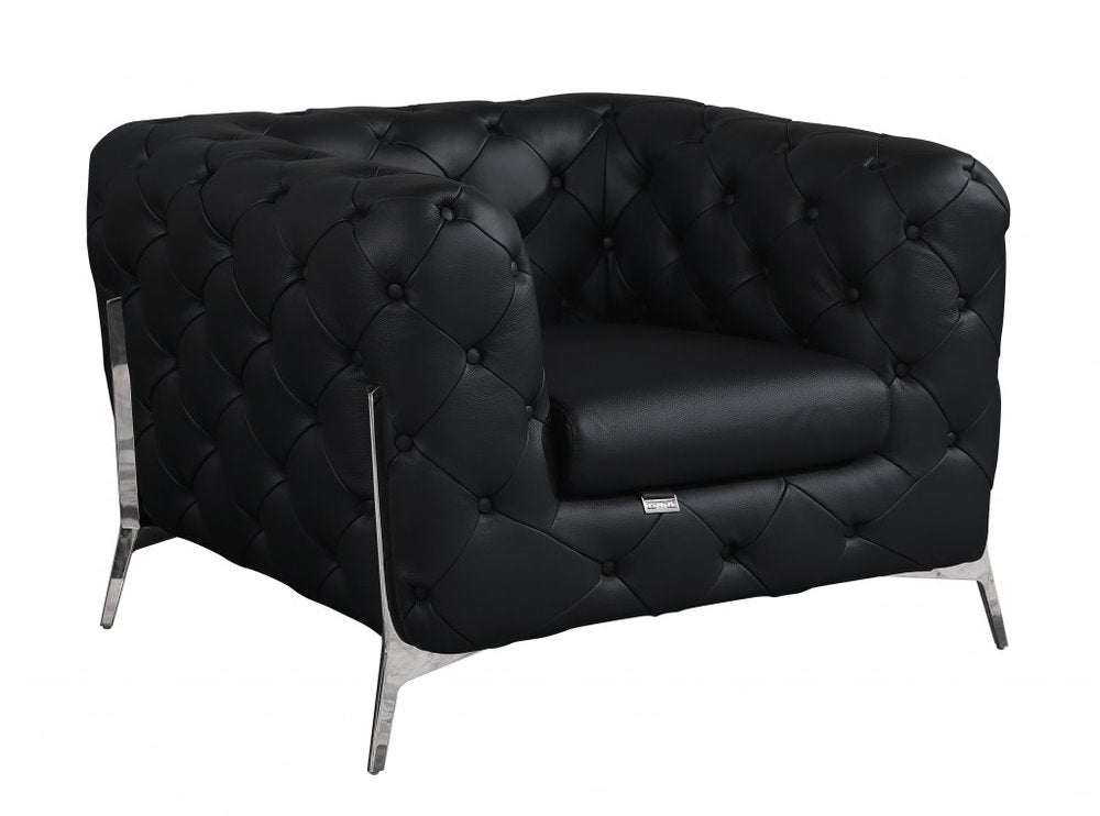45" Black And Silver Italian Leather Tufted Chesterfield Chair HomeRoots